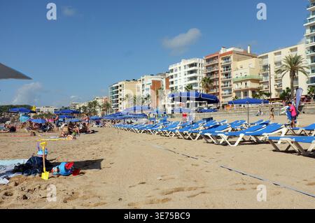 Lloret de Mar Espagne - 7 septembre 2024 : une journée ensoleillée sur la plage de villégiature méditerranéenne populaire avec des rangées de chaises longues bleues, parasols et wat Banque D'Images