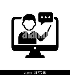Icône de vecteur d'apprentissage en ligne : écran d'ordinateur avec silhouette de professeur Illustration de Vecteur