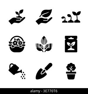 Ensemble d'icônes de glyphe noir liées au jardinage et aux plantes Illustration de Vecteur