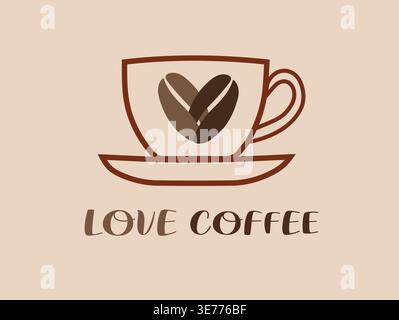 Logo de tasse à café avec haricots en forme de cœur – Love Coffee Branding Design, emblème d'identité de café, icône de boisson de style vintage minimal, logo de magasin d'espresso Illustration de Vecteur