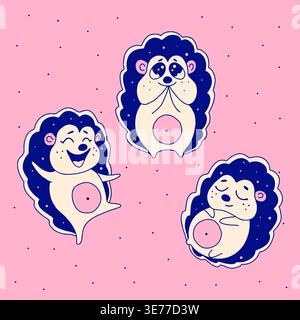 Personnages de hérisson mignon sur fond rose avec différentes émotions Illustration de Vecteur