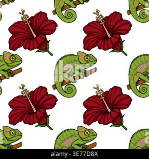 Modèle vectoriel sans couture d'un caméléon vert sur une branche avec une fleur d'hibiscus rouge Illustration de Vecteur