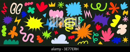 Formes graphiques abstraites d'éléments rétro groovy organiques. Bulle de discours, zone de texte et autocollants de discussion. Ensemble vectoriel de blobs psychédéliques hippie, de coeurs, d'étoiles, de tourbillons et d'éléments décoratifs expressifs Illustration de Vecteur