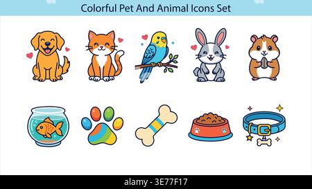 Icônes colorées pour animaux de compagnie et animaux avec chien, chat, oiseau et autres animaux de compagnie mignons sur fond blanc Illustration de Vecteur