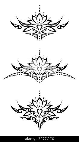 Collection de lotus tribaux combinant des motifs maoris polynésiens avec des éléments ornementaux et spirituels. Illustrations de lignes noires symétriques su Illustration de Vecteur