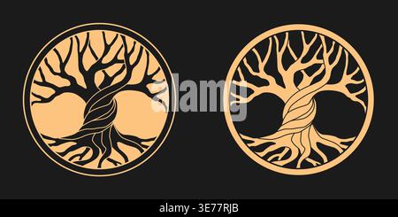 Illustration stylisée d'arbre celtique de vie en couleur or sur fond sombre. Parfait pour les logos, tatouages, projets spirituels, décoration intérieure et e. Illustration de Vecteur