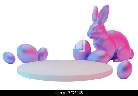 Un design montre un podium de Pâques avec un lapin et plusieurs œufs aux couleurs vives. Cette scène est parfaite pour les décorations et les affichages saisonniers Banque D'Images
