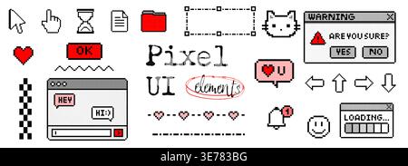Pixels éléments de l'interface utilisateur définis avec des icônes de curseur des coeurs de fenêtres de chat et une conception d'interface rétro rouge et noir Illustration de Vecteur