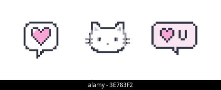 Jolies icônes de chat de style pixel avec des bulles de parole avec des coeurs et un visage de chat pour la conception de messages et de médias sociaux Illustration de Vecteur