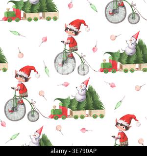 Motif aquarelle sans couture représentant un elfe de Noël à vélo Banque D'Images