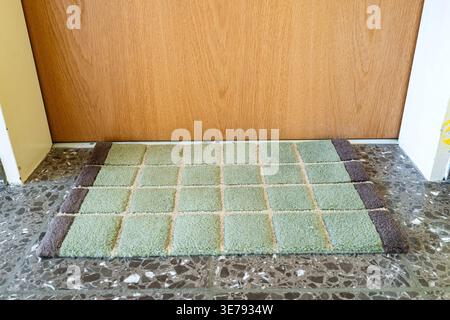 Vue basse grand angle d'un paillasson vert à damiers à une porte d'appartement en bois sur un sol en terrazzo Banque D'Images