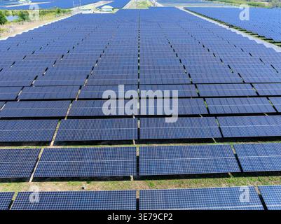 Vue surélevée d'une installation de production d'énergie solaire à grande échelle mettant l'accent sur des infrastructures durables pour la transition énergétique. Banque D'Images