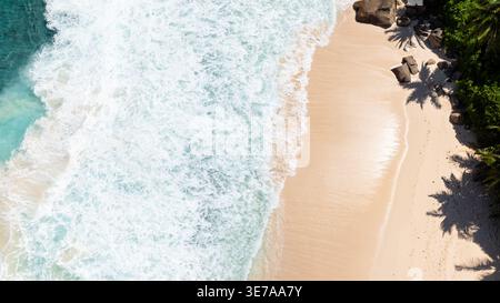 Vagues se brisant sur la côte sablonneuse avec des ombres de palmiers sur le rivage. Seychelles, Mahé. Banque D'Images