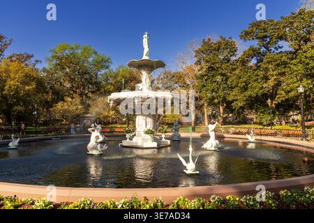 Savannah, États-Unis - 11 mars 2026 : vue sur la fontaine historique de Forsyth Park dans le centre-ville de Savannah Banque D'Images