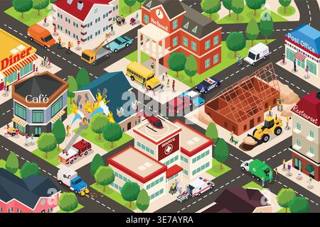 Une illustration vectorielle de la ville isométrique Suburban Illustration de Vecteur