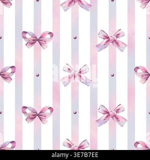 Motif aquarelle sans couture avec des noeuds décoratifs roses sur fond rayé. Illustration dessinée à la main de rubans mignons pour papier d'emballage, impression textile Banque D'Images