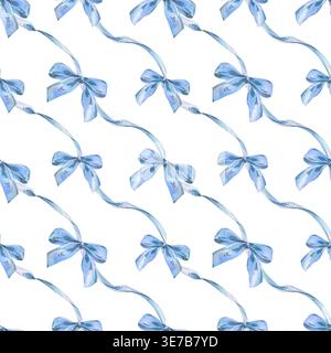 Motif aquarelle de noeuds en soie bleu clair avec des rubans. Jolis éléments décoratifs dessinés à la main pour la conception textile ou l'emballage cadeau. Esthétique pastel Banque D'Images