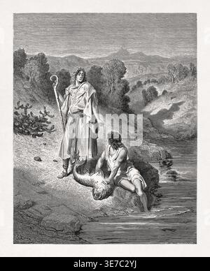 Gravure de Gustave Doré représentant Tobias et l'Archange Raphaël. Banque D'Images