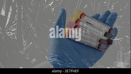 Affichage de la main bleutée avec manchon de laboratoire contenant cinq tubes de VIRUS DE LA VARIOLE SINGE dans le laboratoire, film plastique Banque D'Images