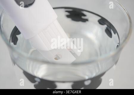 Sonde de testeur de qualité de l'eau portable en verre d'eau claire pour les tests à la maison et en laboratoire Banque D'Images