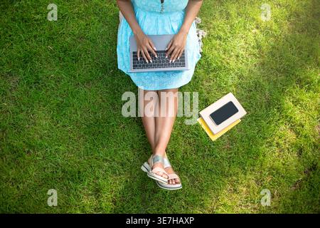 Image rognée de femme noire travaillant sur ordinateur portable tout en étant assis sur l'herbe au parc Banque D'Images