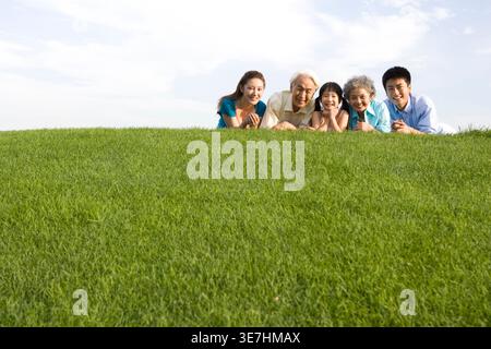 Famille chinoise souriante couchée près de l'autre sur l'herbe dans le parc pendant la journée Banque D'Images