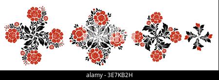 Ensemble vectoriel de clips floraux circulaires monochromes décoratifs artistiques Collection de feuilles de tracés noir mandala avec des fleurs rouges pour invitation, carte postale an Illustration de Vecteur