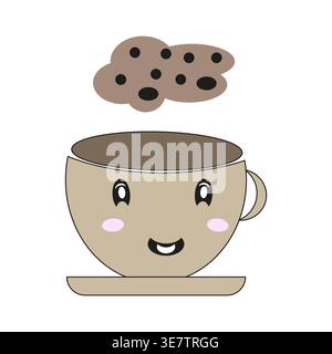 Tasse à café mignonne. Personnage de mug souriant. Biscuit au chocolat Vector vapeur. Illustration de nourriture adorable. Illustration de Vecteur