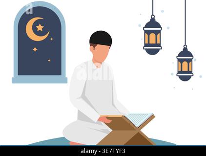 Homme musulman assis et lisant le livre Saint du Coran pendant la nuit du Ramadan avec des lanternes illustration stock. Illustration de Vecteur
