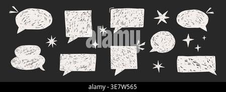 Bulle de parole crayon blanc gribouillage griffonnage cadres sur tableau noir. Zone de texte texture craie ballon de conversation comique dans le style croquis. Bulle de la boîte de dialogue crayon,. Illustration vectorielle Illustration de Vecteur