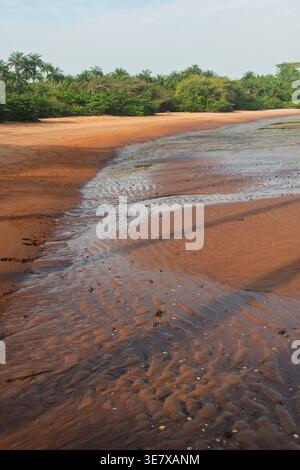 Plage isolée de sable rouge bordée de forêt tropicale à marée basse sur l'île de Bubaque, archipel des Bijagos, Guinée Bissau. Banque D'Images