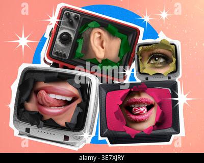Conception d'affiche créative avec de vieux téléviseurs sur fond de couleur Banque D'Images