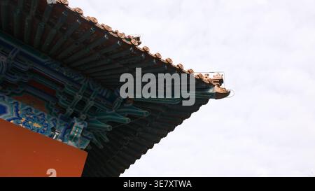 Gros plan de l'avant-toit complexe et du toit en tuiles d'un bâtiment architectural chinois traditionnel contre un ciel nuageux. Les supports décoratifs et la couleur Banque D'Images