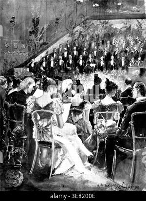 "The March of the Men of Harlech" - le chœur gallois chantant devant la reine au château de Windsor, 1898. « La Reine a toujours pris un intérêt sympathique pour les diverses institutions qui visent plus particulièrement à préserver les caractéristiques territoriales représentatives des divers peuples anciens du « Royaume-Uni » de sa Majesté. Que les traditions locales, la fierté locale, tout, en bref, qui se résume aujourd'hui à l'expression hackneed, "couleur locale", font fortement appel à la Reine, a été démontré à plusieurs reprises sans nombre tout au long du long règne de sa Majesté par suc Banque D'Images