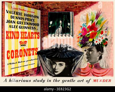 Kind Hearts and Coronets (1949) réalisé par Robert Hamer et mettant en vedette Dennis Price, Alec Guinness et Joan Greenwood. Un lointain héritier appauvri d'un duché assassine systématiquement huit membres de la famille aristocratique D'Ascoyne se tenant entre lui et le titre. Photographie d'une affiche originale britannique de 1949 représentant une œuvre d'art de James Fitton À USAGE ÉDITORIAL EXCLUSIF. Crédit : BFA / Ealing Studios Banque D'Images