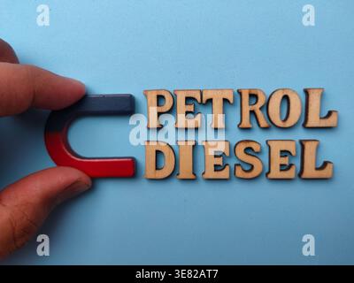Les mots PETROL et DIESEL en lettres de bois, disposés à côté d'un aimant en fer à cheval. Banque D'Images