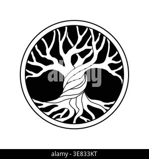 Illustration stylisée d'arbre de vie avec des racines et des branches dans un cadre circulaire. Convient pour logos, tatouages, projets spirituels, décoration intérieure, an Illustration de Vecteur