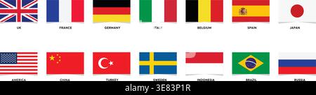 indicateur défini. Vecteur d'icônes de drapeaux nationaux, principales langues de drapeau définies. Royaume-Uni, Allemagne, États-Unis, Russie, Chine, France, japon, italie, turquie, brésil, suède, indones Illustration de Vecteur