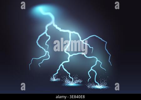 Éclaboussure de foudre bleue éclatante réaliste avec des étincelles électriques sur fond sombre, concept de frappe d'énergie puissant pour la fantaisie, la science-fiction, la conception de jeu et l'illustration vectorielle d'effets de tempête Illustration de Vecteur