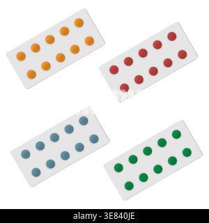 Ensemble de blister de pilules médicales colorées isolé sur fond blanc, maquette réaliste. Compléments alimentaires, vitamines. Modèle vectoriel Illustration de Vecteur