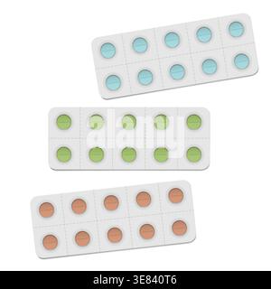 Emballage perforé sous blister de pilule médicale avec des cellules individuelles détachables isolées sur fond blanc. Dix comprimés de médicaments de couleur ronds par paquet Illustration de Vecteur