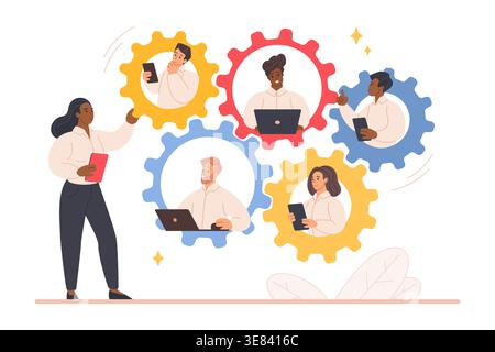 Le patron féminin dirige une équipe commerciale diversifiée connectée dans des engrenages colorés, collaborant avec des ordinateurs portables et des tablettes pour une gestion de projet de bureau moderne, isolé sur une illustration vectorielle de fond blanc Illustration de Vecteur