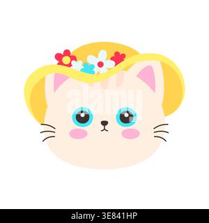 Mignon visage de chat crème kawaii portant chapeau de soleil jaune avec fleurs vecteur illustration clipart sticker Illustration de Vecteur