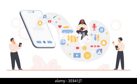 Les personnes utilisant des applications de smartphone avec des icônes de médias sociaux, des notifications, des messages, des achats, du contenu multimédia qui coule de l'écran mobile, une femme noire au centre isolé sur l'illustration vectorielle blanche Illustration de Vecteur