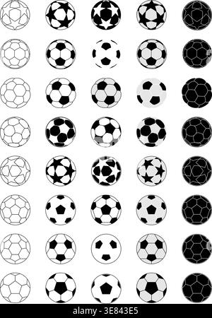 Collection vectorielle complète d'icônes de football et de ballon de football. L'ensemble comprend différents styles avec pentagone classique, hexagone et patte d'étoile Illustration de Vecteur