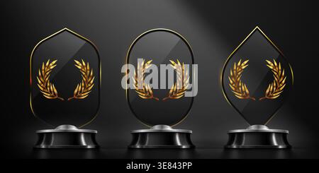 Elegant glass trophies featuring golden laurel wreaths, perfect for awards and recognition. Vector illustration Illustration de Vecteur