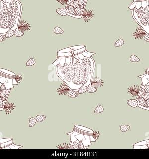 Motif sans couture avec bourrage de cône de pin sur fond vert clair. Pots en verre maison ECO Mugolio avec sirop forestier et cônes. Rustique Botanique V Illustration de Vecteur