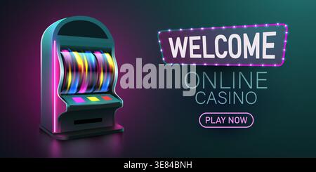 Vibrante machine à sous au néon et Welcome Online Casino signe, invitant les joueurs à une expérience de jeu numérique. Illustration vectorielle Illustration de Vecteur