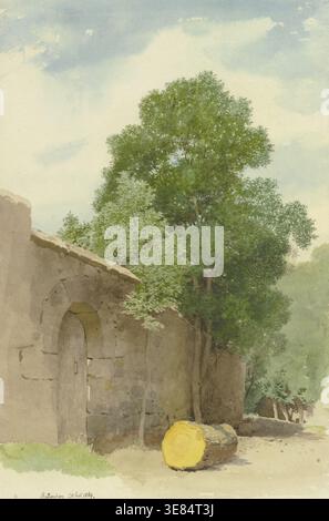 Tronc d'arbre scié devant un mur au Rothenburg Wildbad, 1869. Banque D'Images