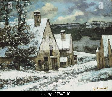 Village Edge en hiver, c1868. Suivant un chemin diagonal, le regard du spectateur’s est attiré devant les maisons apparemment abandonnées dans la scène hivernale clairsemée. Un massif rocheux abrupt coupe brusquement la vue. Il représente les montagnes du Jura, l'emplacement de Gustave Courbet’ville natale de Gustave Courbet, Ornans. Banque D'Images